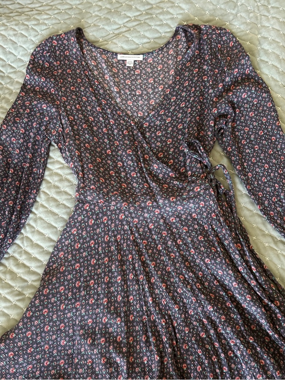 American Eagle Outfitters Black Long Sleeve Wrap Dress with Pink Floral Print